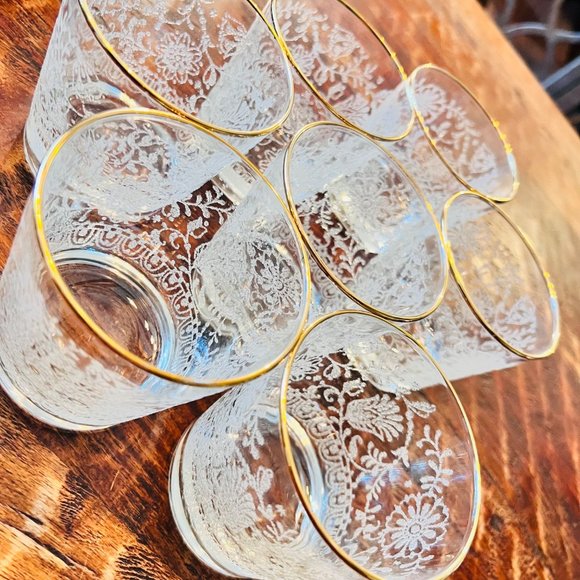 2 White Lace Floral Libbey MCM Old Fashioned Whiskey Gold Rimmed - Picture 3 of 8